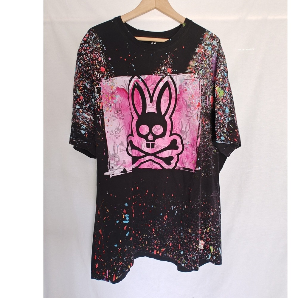 Psycho Bunny Graphic Tee Black Pink Paint Splatter Pima Cotton 3XLT